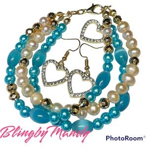 Bracelet and earring set-freshwater pearl, cats eye and hematite